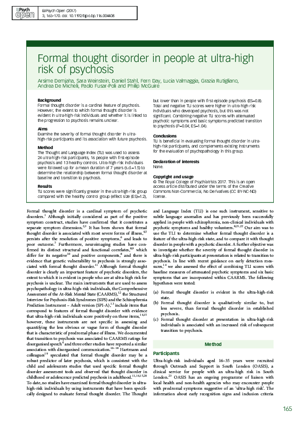 (PDF) Formal thought disorder in people at ultra-high risk of psychosis