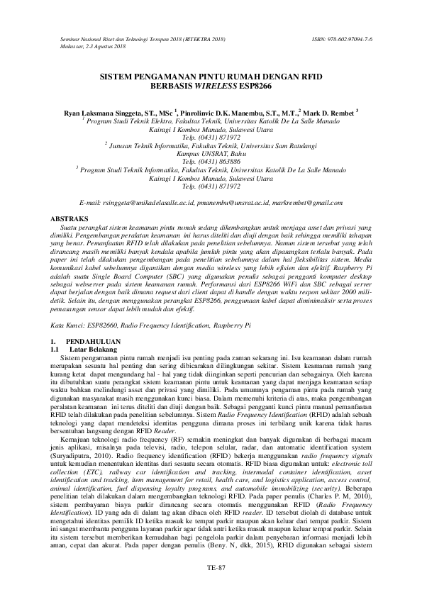Pdf Sistem Pengamanan Pintu Rumah Dengan Rfid Berbasis Wireless Esp8266