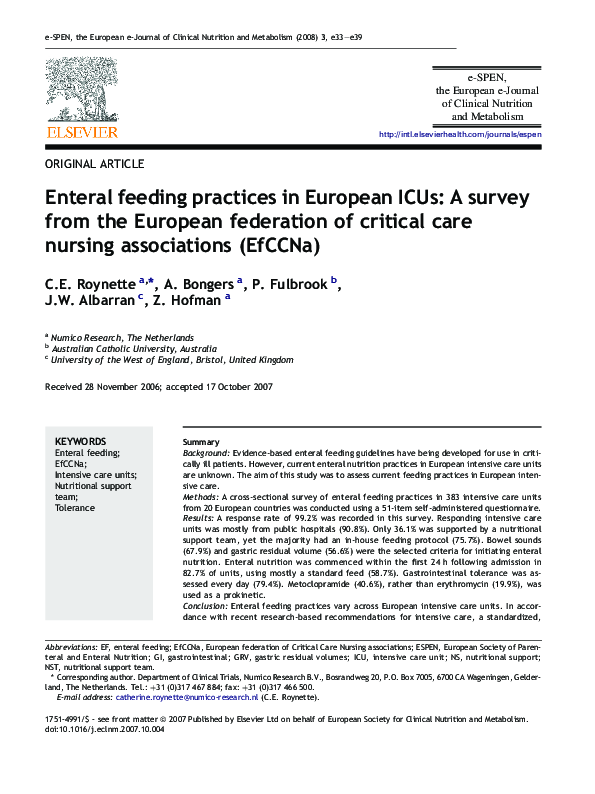 (PDF) Enteral feeding practices in European ICUs: A survey from the ...