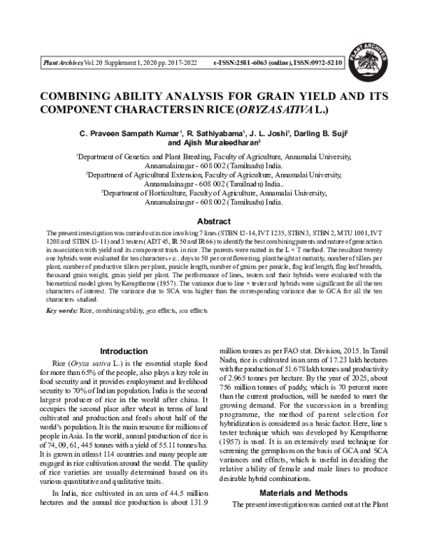 (PDF) Combining Ability Analysis for Grain Yield and Its Component ...