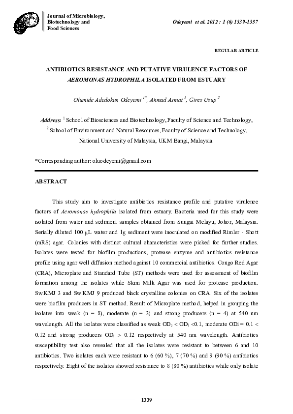 (PDF) Antibiotics Resistance and Putative Virulence Factors of ...