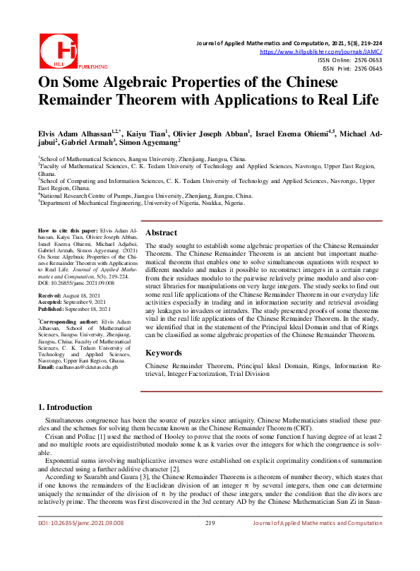 (PDF) On Some Algebraic Properties of the Chinese Remainder Theorem ...