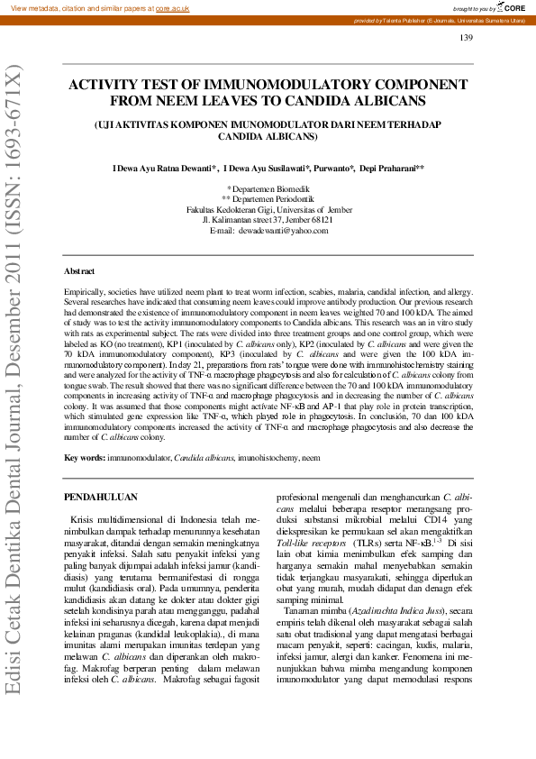 (PDF) Activity Test of Immunomodulatory Component from Neem Leaves to ...