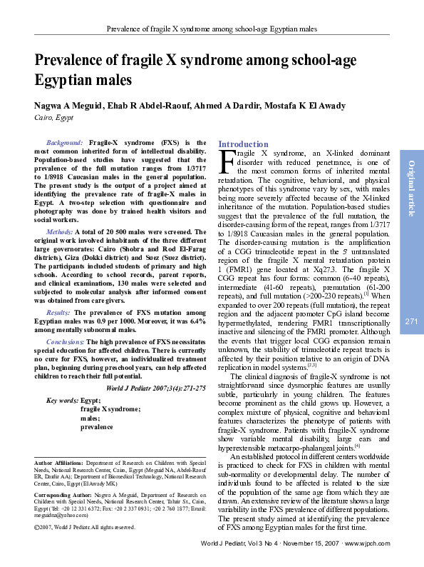 (PDF) Prevalence of fragile X syndrome among school-age