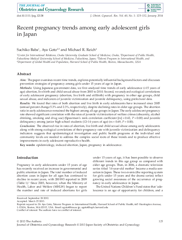 (PDF) Recent pregnancy trends among early adolescent girls in Japan