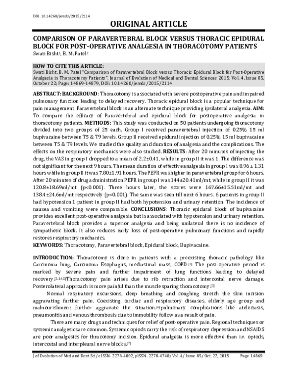 (PDF) Comparison of Paravertebral Block Versus Thoracic Epidural Block for Post Operative
