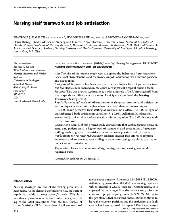 (PDF) Nursing staff teamwork and job satisfaction