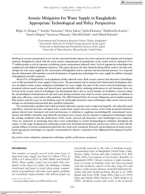 (PDF) Arsenic Mitigation for Water Supply in Bangladesh: Appropriate ...