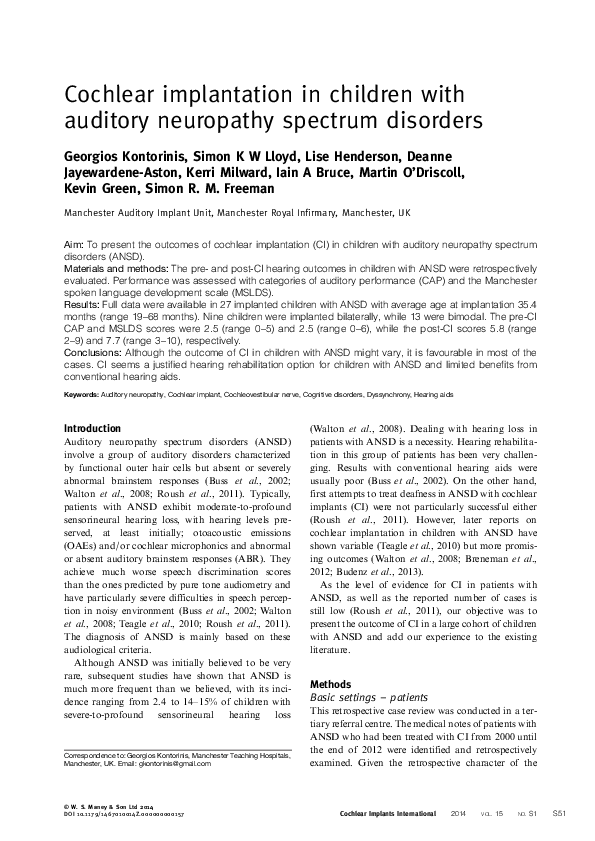 (PDF) Cochlear implantation in children with auditory neuropathy ...
