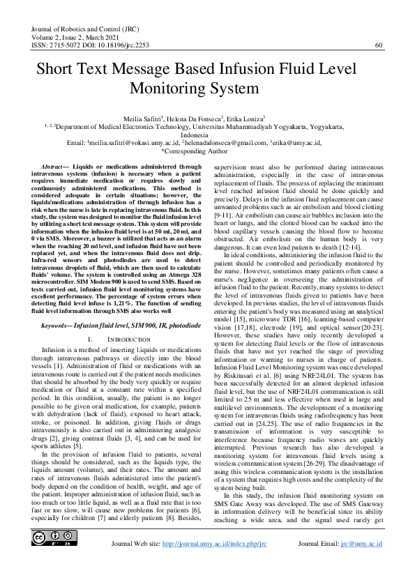 (PDF) Short Text Message Based Infusion Fluid Level Monitoring System