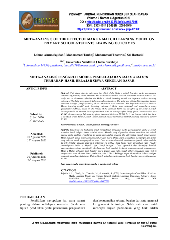 (PDF) Meta-Analysis of the Effect of Make a Match Learning Model on ...