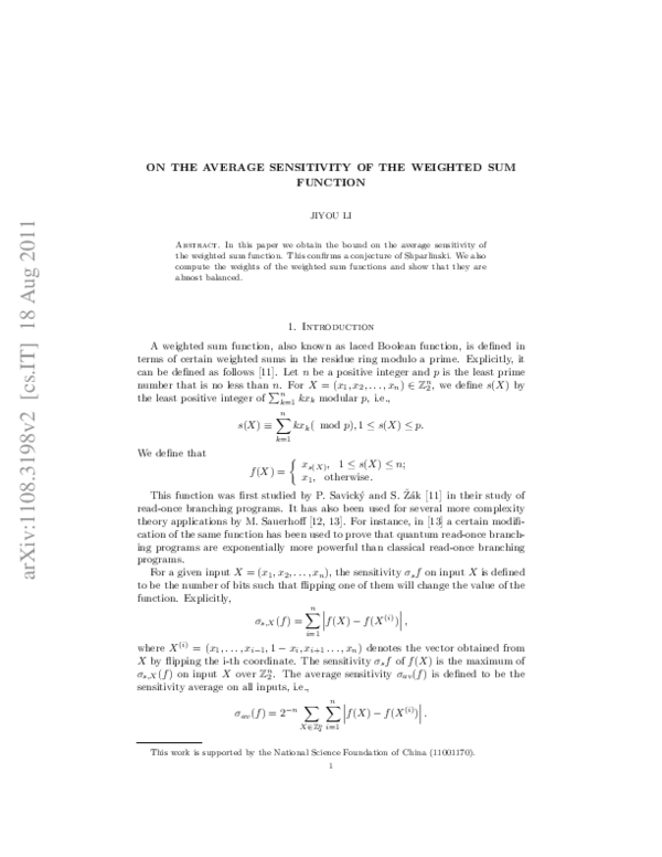 (PDF) On the average sensitivity of the weighted sum function