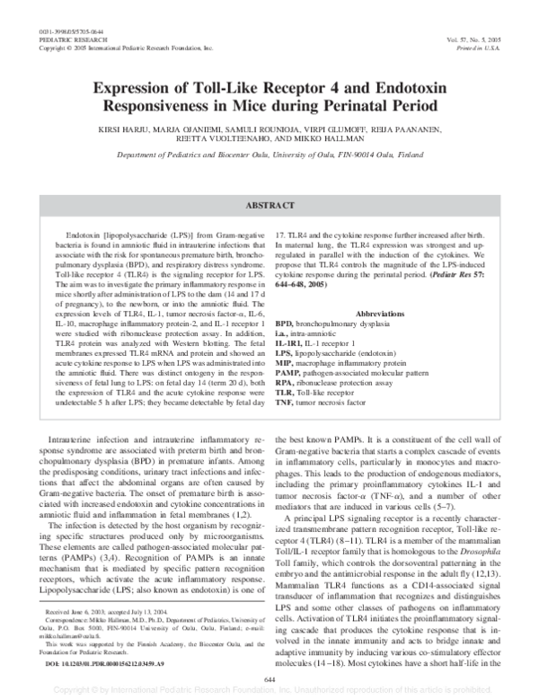 (PDF) Expression of Toll-Like Receptor 4 and Endotoxin Responsiveness ...