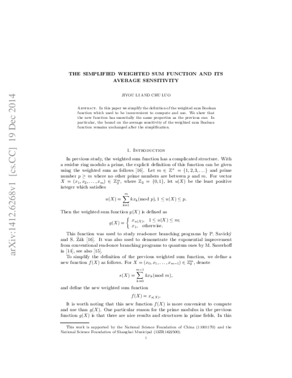 (PDF) The simplified weighted sum function and its average sensitivity