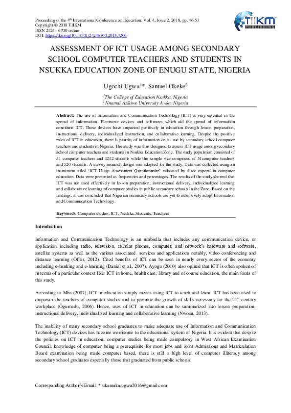 (PDF) Assessment of Ict Usage Among Secondary School Computer Teachers ...