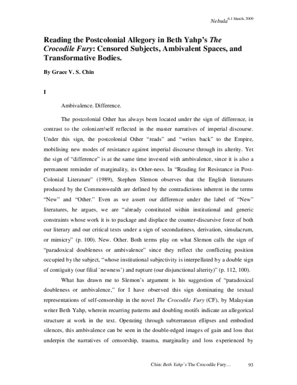 PDF) Reading the Postcolonial Allegory in Beth Yahp's The