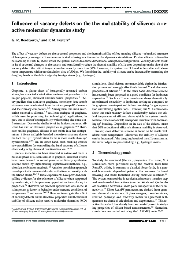 (PDF) Influence of vacancy defects on the thermal stability of silicene ...