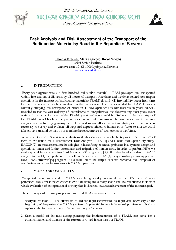 (PDF) Task Analysis and Risk Assessment of the Transport of the ...