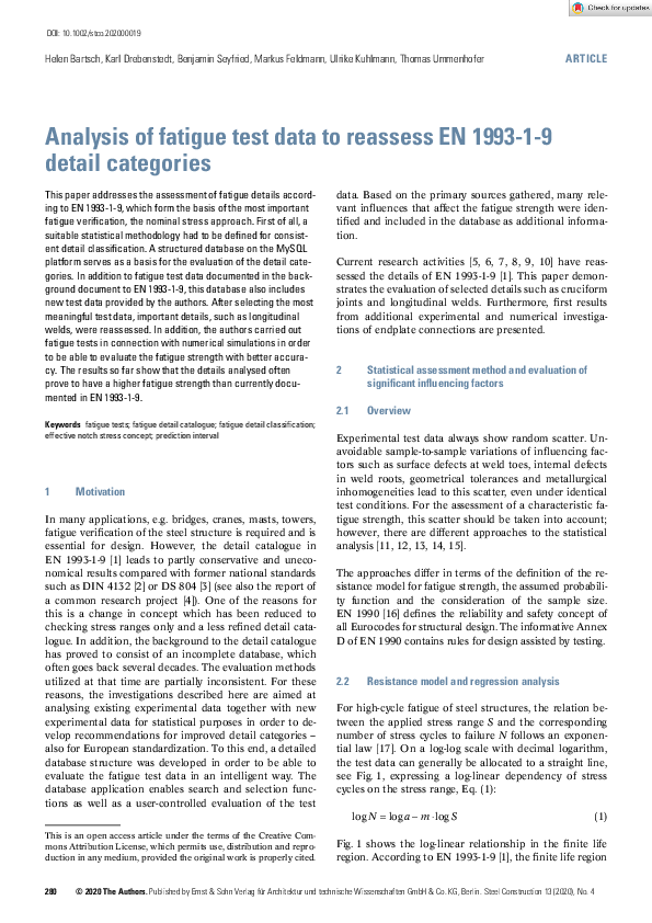 (PDF) Analysis of fatigue test data to reassess EN 1993‐1‐9 detail