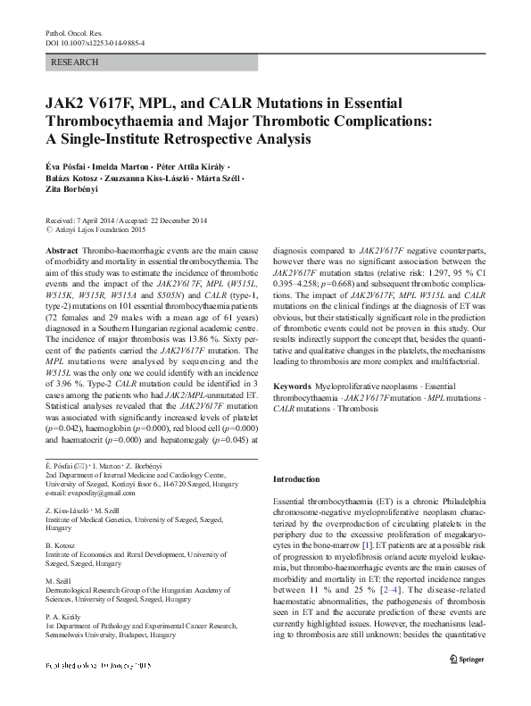 (PDF) JAK2 V617F, MPL, and CALR Mutations in Essential Thrombocythaemia ...
