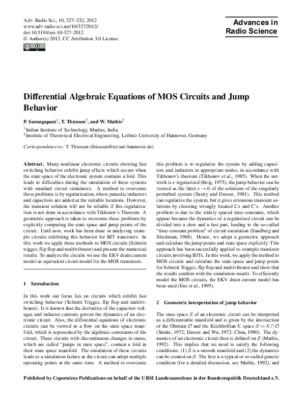 (PDF) Differential Algebraic Equations of MOS Circuits and Jump Behavior