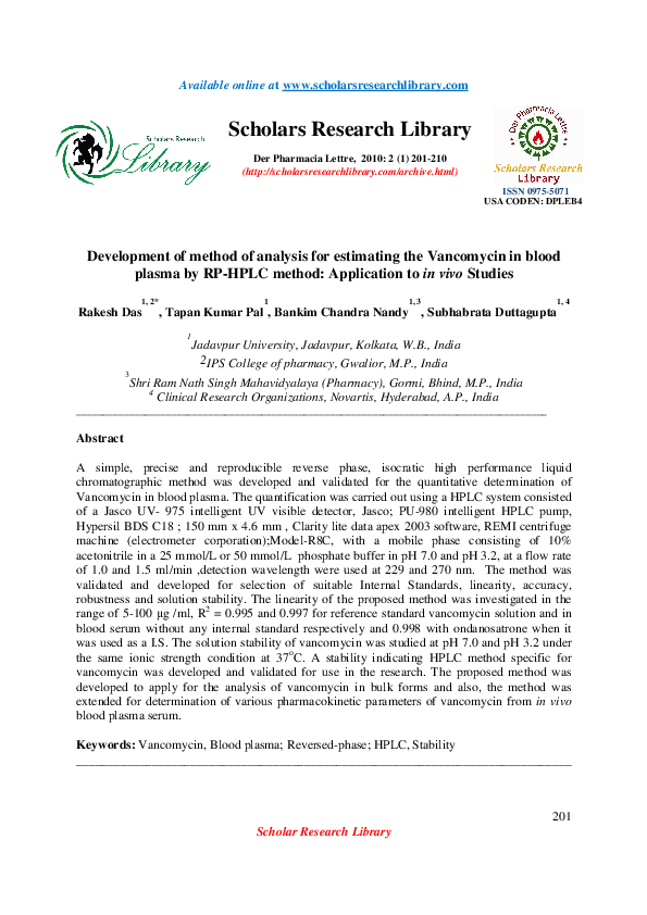 (PDF) Development of method of analysis for estimating the Vancomycin ...