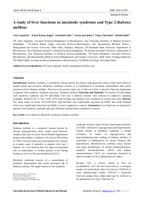 (PDF) A study of liver functions in metabolic syndrome and Type 2 ...