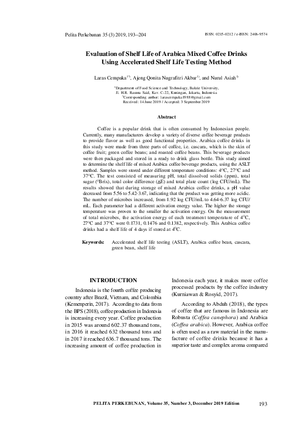 (PDF) The Evaluation of shelf life of Arabica mixed coffee drinks using