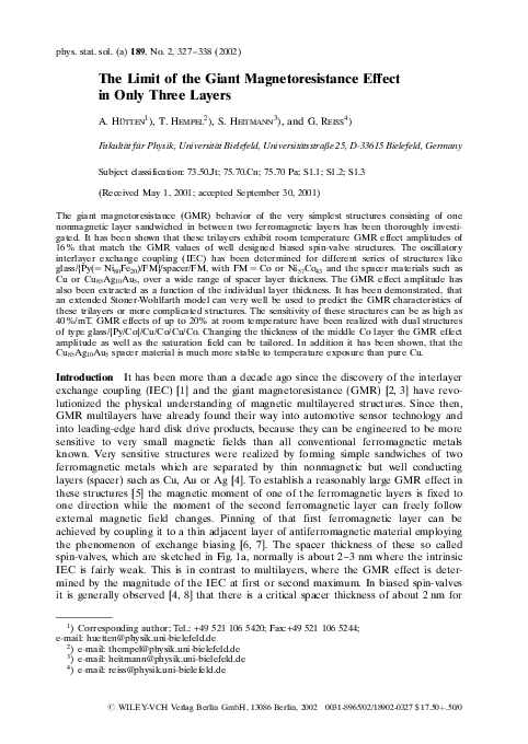 (PDF) The Limit of the Giant Magnetoresistance Effect in Only Three Layers