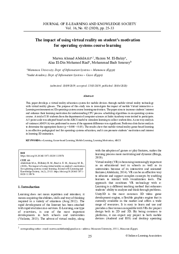 (PDF) The impact of using virtual reality on student's motivation for ...
