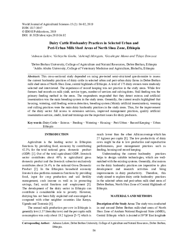 (PDF) Dairy Cattle Husbandry Practices in Selected Urban and PeriUrban