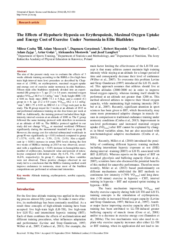 (PDF) The effects of hypobaric hypoxia on erythropoiesis, maximal ...