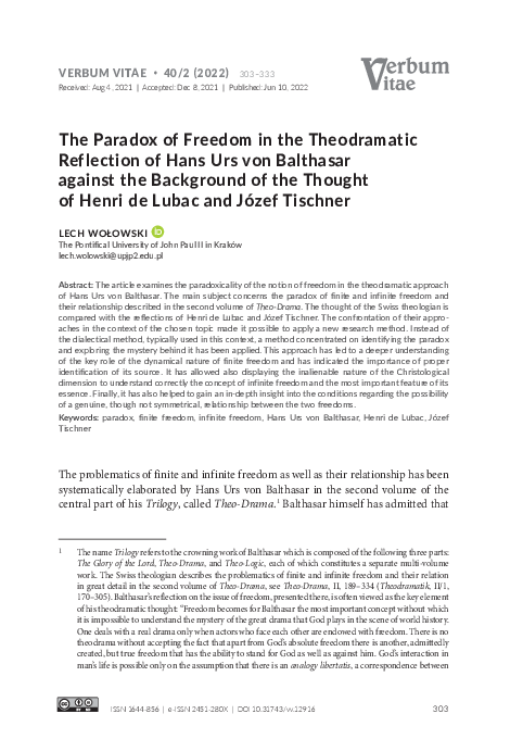 (PDF) The Paradox of Freedom in the Theodramatic Reflection of Hans Urs ...