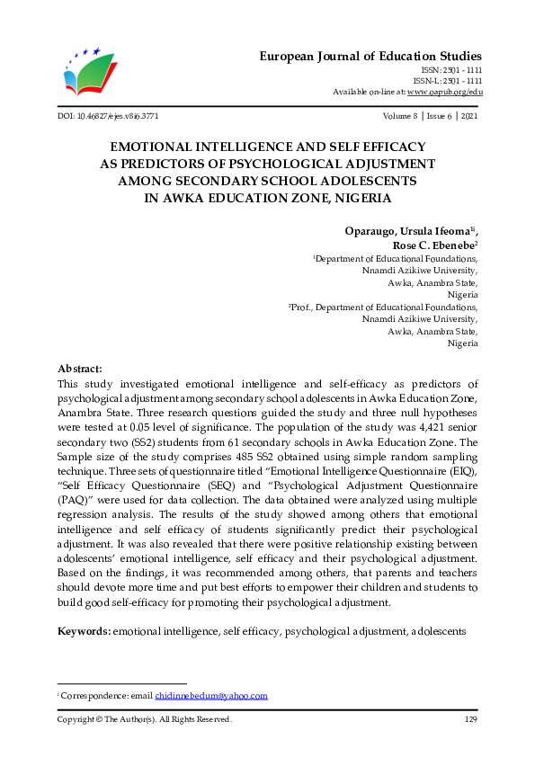 (PDF) Emotional Intelligence and Self Efficacy as Predictors of ...