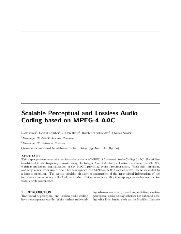 (PDF) Scalable Perceptual and Lossless Audio Coding based on MPEG-4 AAC