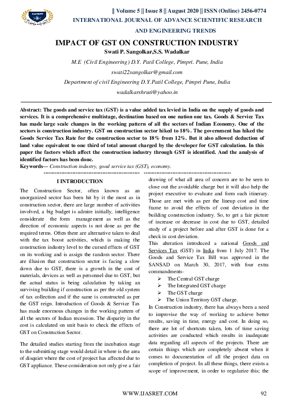 (PDF) Impact of GST on Construction Industry Mrs. Shruti Wadalkar