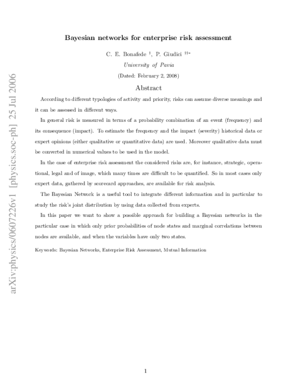 Pdf Bayesian Networks For Enterprise Risk Assessment