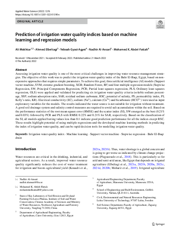 (PDF) Prediction of irrigation water quality indices based on machine ...