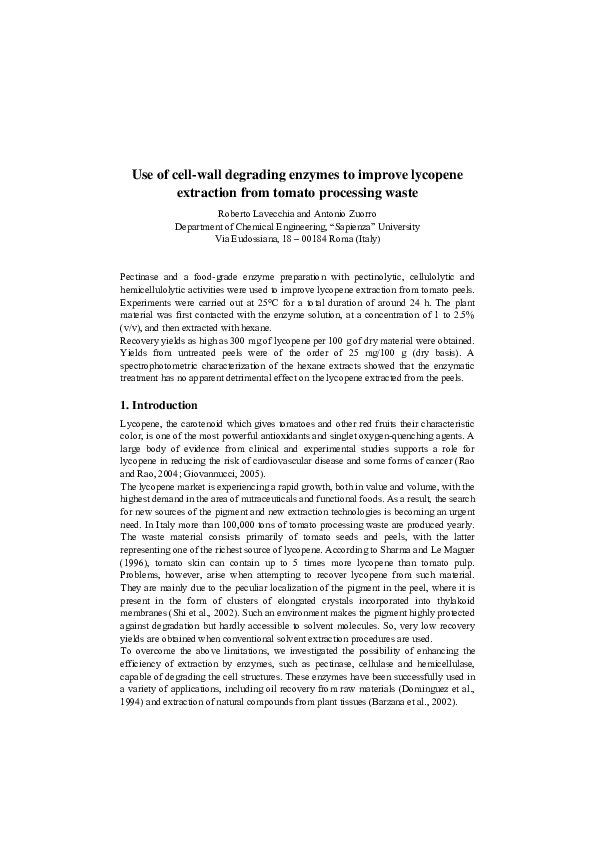 (PDF) Use of cellwall degrading enzymes to improve lycopene extraction