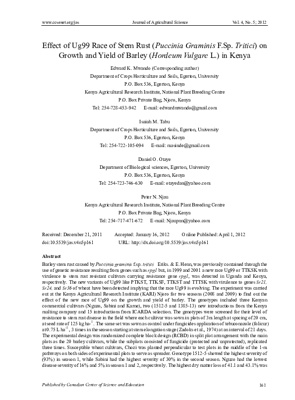 (PDF) Effect of Ug99 Race of Stem Rust (Puccinia Graminis F.Sp. Tritici ...