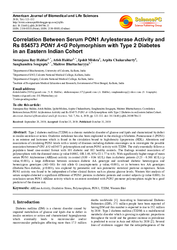 (PDF) Correlation Between Serum PON1 Arylesterase Activity and Rs ...