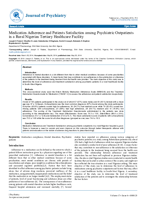 (PDF) Medication Adherence and Patients Satisfaction among Psychiatric ...