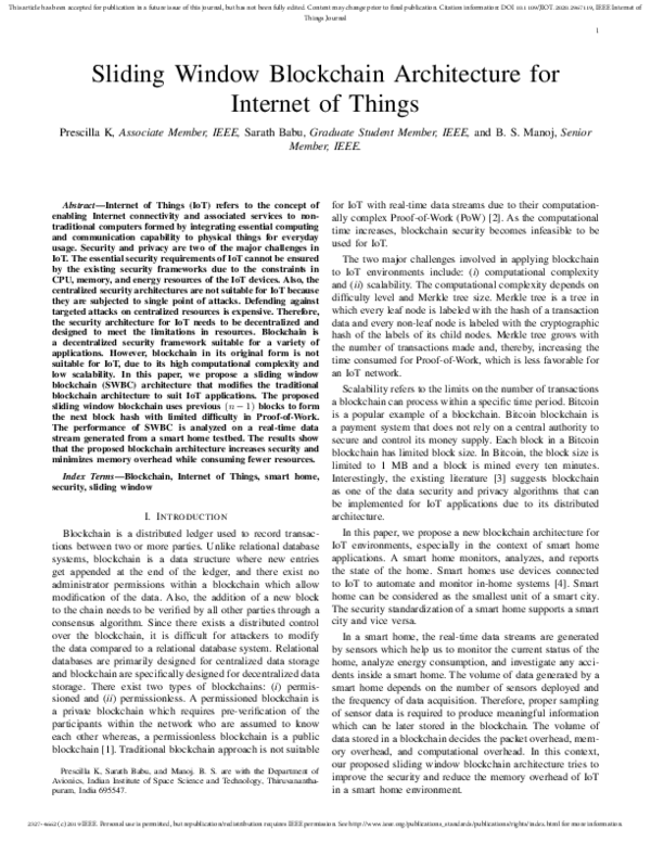 (PDF) Sliding Window Blockchain Architecture for of Things