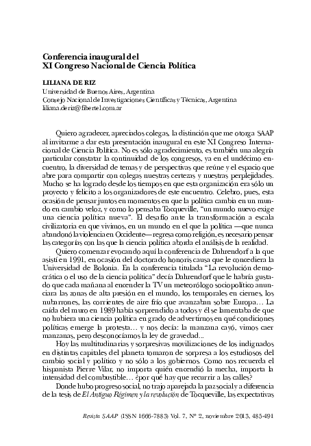(PDF) Conferencia inaugural del XI Congreso Nacional de Ciencia Política