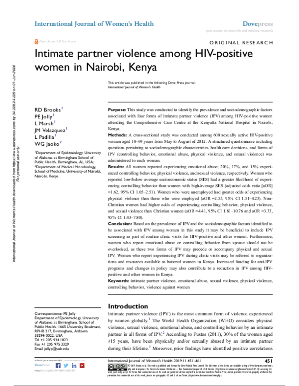 (PDF) Intimate partner violence among HIV-positive women in Nairobi, Kenya