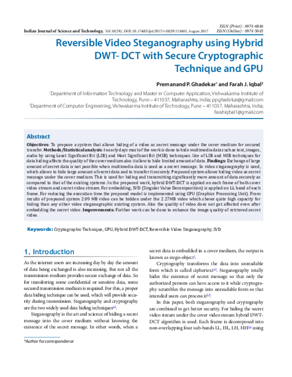 (PDF) Reversible Video Steganography using Hybrid DWT- DCT with Secure ...