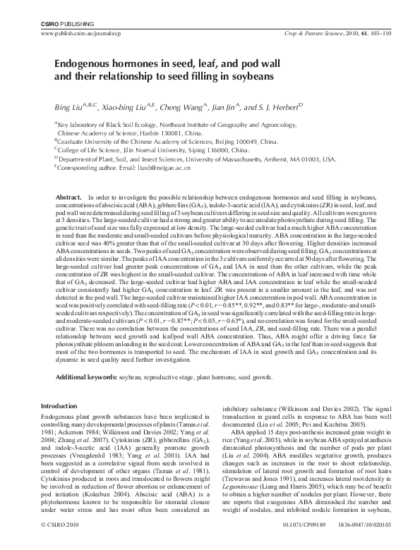 (PDF) Endogenous hormones in seed, leaf, and pod wall and their