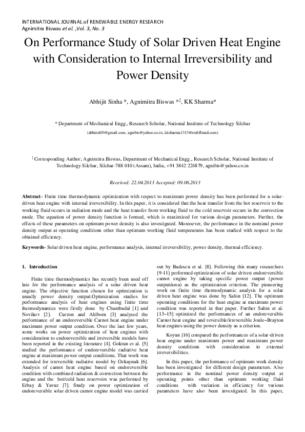 (PDF) Performance Analysis of Solar Driven Heat Engine with Internal ...