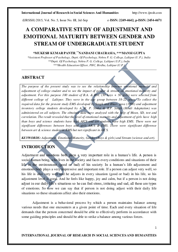 (PDF) A Comparative Study of Adjustment and Emotional Maturity Between ...