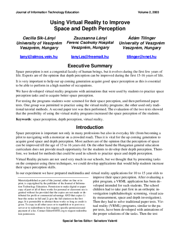 (PDF) Using Virtual Reality to Improve Space and Depth Perception